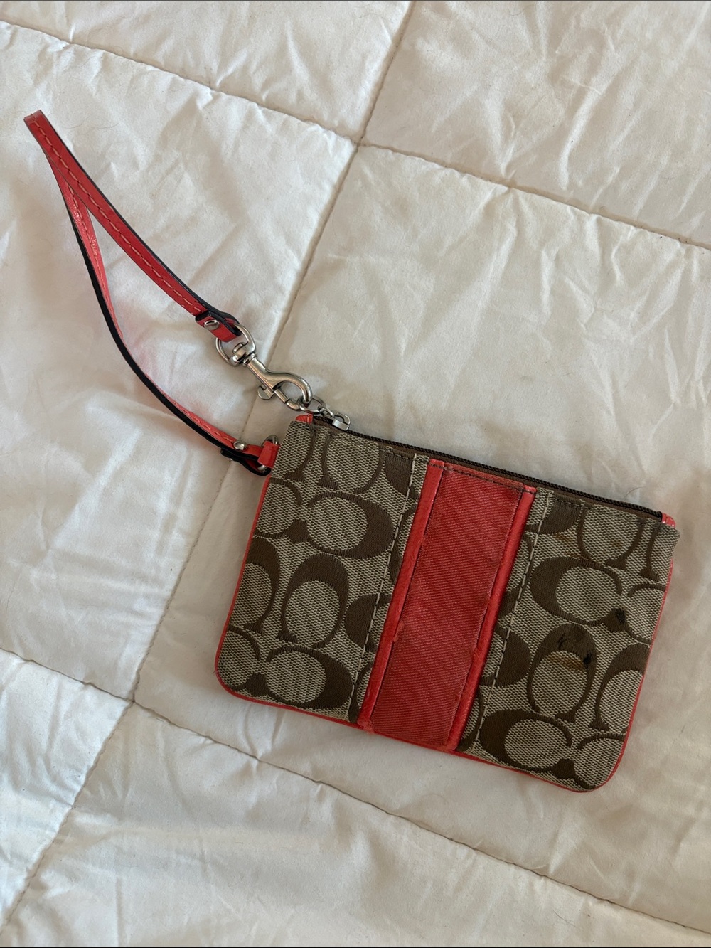 Coach Signature Canvas Wristlet in Brown with Red Trim